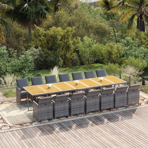 Set comedor de jardín con cojines 15 pzas ratán sintético gris D