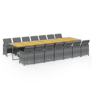 Set comedor de jardín con cojines 15 pzas ratán sintético gris H