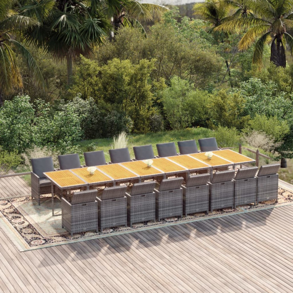 Set comedor de jardín 17 pzas y cojines ratán sintético gris D