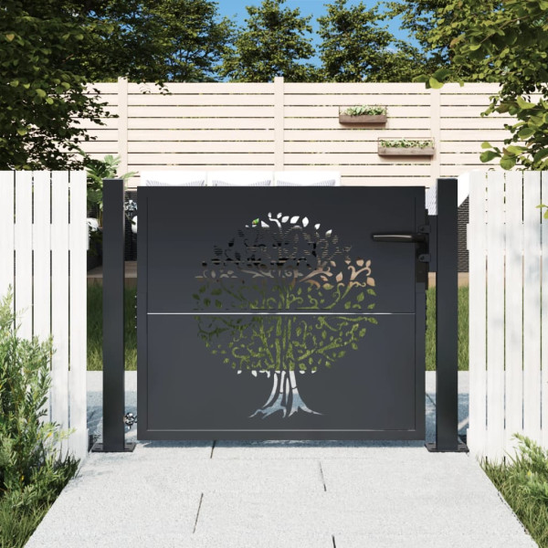 Puerta de jardín acero gris antracita diseño árbol 105x80 cm D