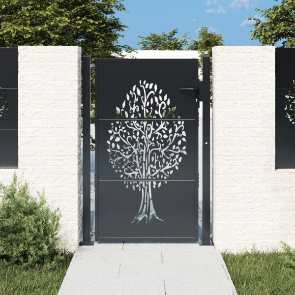 Puerta de jardín acero gris antracita diseño árbol 105x155 cm D
