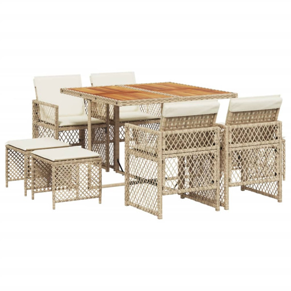 Set comedor de jardín 9 pzas con cojines ratán sintético beige M 2