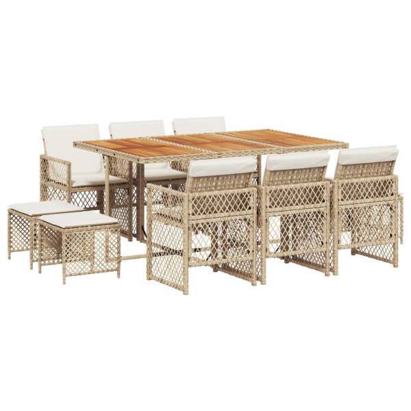Set comedor de jardín 11 pzas con cojines ratán sintético beige M 2