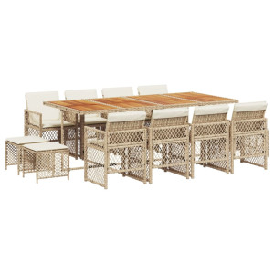Set comedor de jardín con cojines 13 pzas ratán sintético beige H