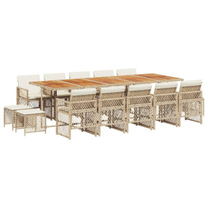 Set comedor de jardín con cojines 15 pzas ratán sintético beige H