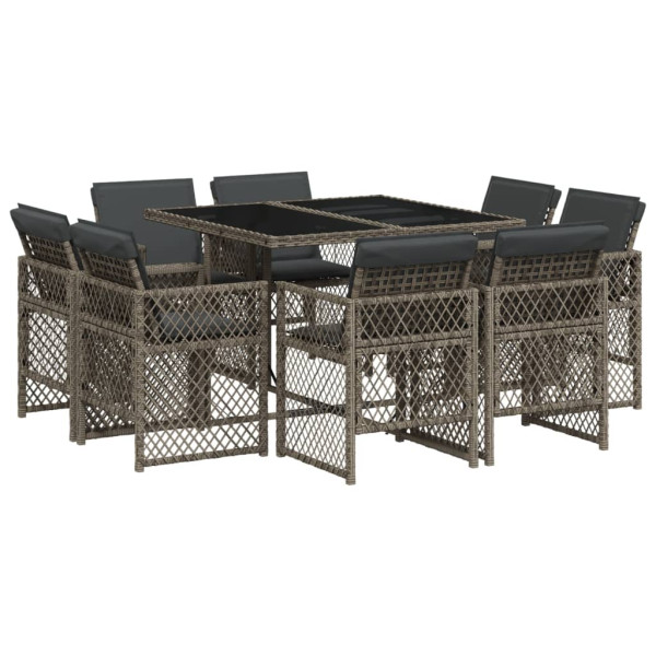 Set comedor jardín 9 pzas y cojines ratán sintético gris M 2