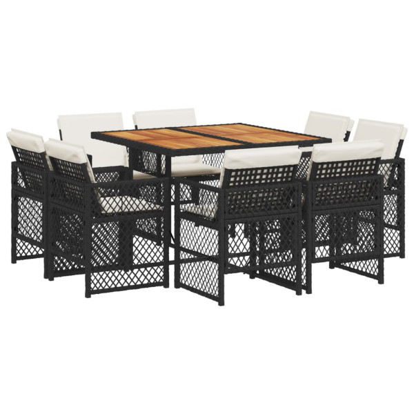 Set de comedor de jardín 9 pzas y cojines ratán sintético negro M 2