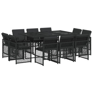 Set de comedor jardín 11 pzas con cojines ratán sintético negro H