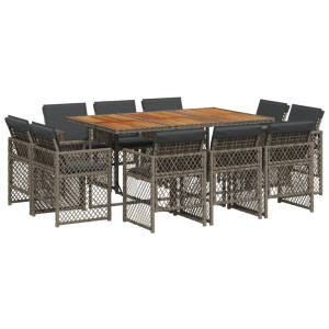 Set de comedor de jardín 11 pzas y cojines ratán sintético gris H