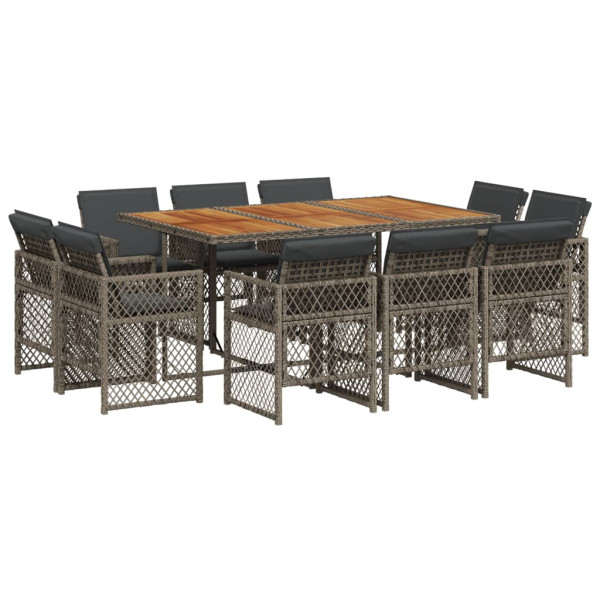 Set de comedor de jardín 11 pzas y cojines ratán sintético gris M 2