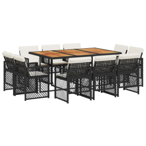 Set de comedor jardín 11 pzas con cojines ratán sintético negro H