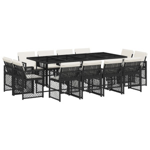 Set comedor de jardín con cojines 13 pzas ratán sintético negro H