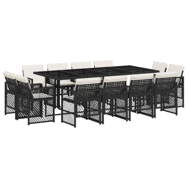 Set comedor de jardín con cojines 13 pzas ratán sintético negro M 2