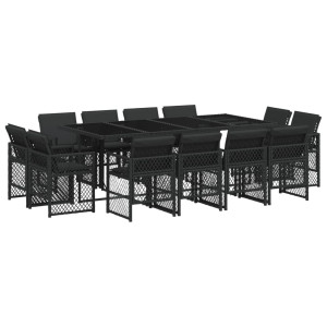 Set comedor de jardín con cojines 13 pzas ratán sintético negro H
