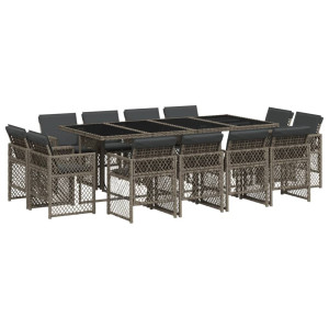 Set comedor de jardín con cojines 13 pzas ratán sintético gris H
