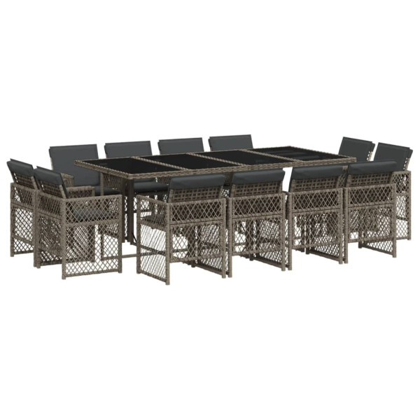 Set comedor de jardín con cojines 13 pzas ratán sintético gris M 2