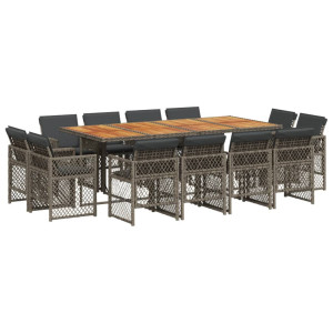 Set comedor de jardín con cojines 13 pzas ratán sintético gris H