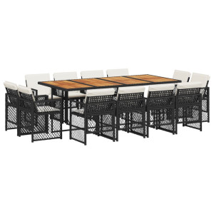 Set comedor de jardín con cojines 13 pzas ratán sintético negro H