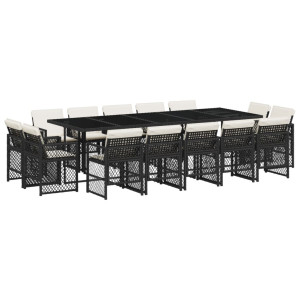 Set comedor de jardín con cojines 15 pzas ratán sintético negro H