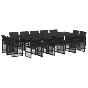 Set comedor de jardín con cojines 15 pzas ratán sintético negro H