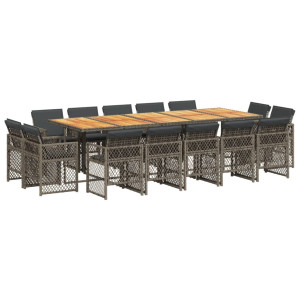 Set comedor de jardín con cojines 15 pzas ratán sintético gris H