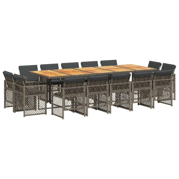 Set comedor de jardín con cojines 15 pzas ratán sintético gris M 2