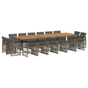 Set comedor de jardín 17 pzas y cojines ratán sintético gris H