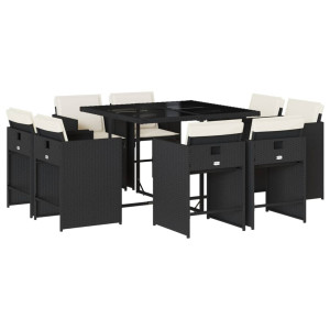 Set de comedor de jardín 9 pzas y cojines ratán sintético negro H