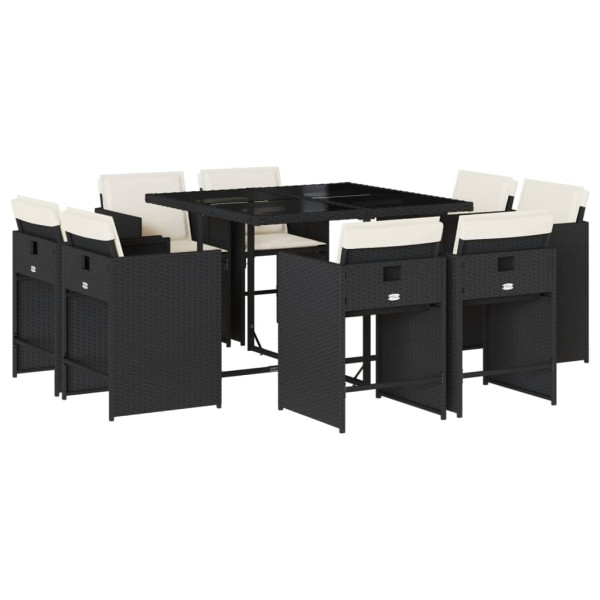 Set de comedor de jardín 9 pzas y cojines ratán sintético negro M 2