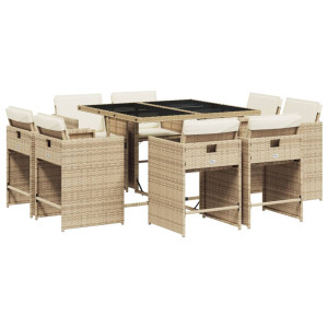 Set comedor de jardín 9 pzas con cojines ratán sintético beige H
