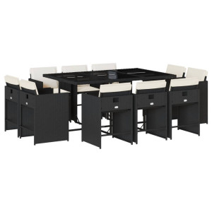 Set de comedor jardín 11 pzas con cojines ratán sintético negro H