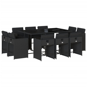 Set de comedor jardín 11 pzas con cojines ratán sintético negro H