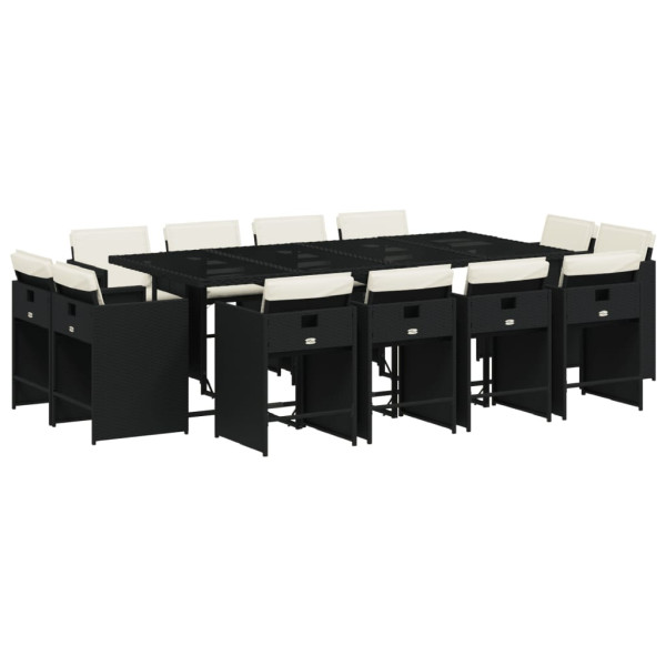 Set comedor de jardín con cojines 13 pzas ratán sintético negro M 2