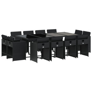 Set comedor de jardín con cojines 13 pzas ratán sintético negro H