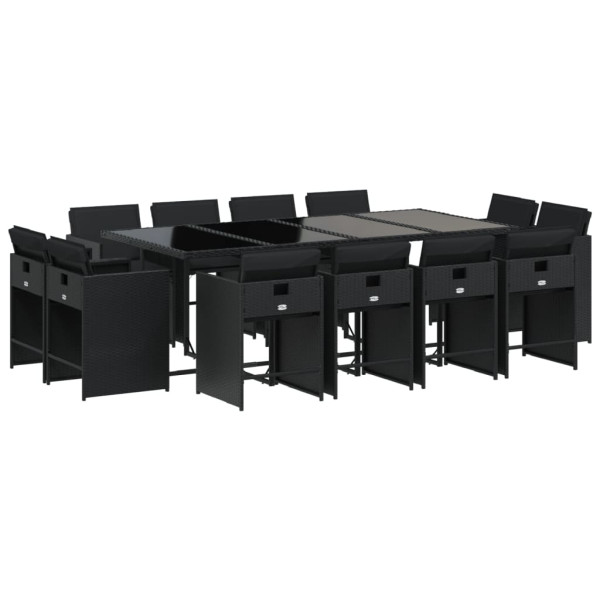Set comedor de jardín con cojines 13 pzas ratán sintético negro M 2