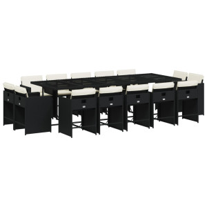 Set comedor de jardín con cojines 15 pzas ratán sintético negro H