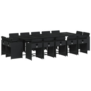 Set comedor de jardín con cojines 15 pzas ratán sintético negro H