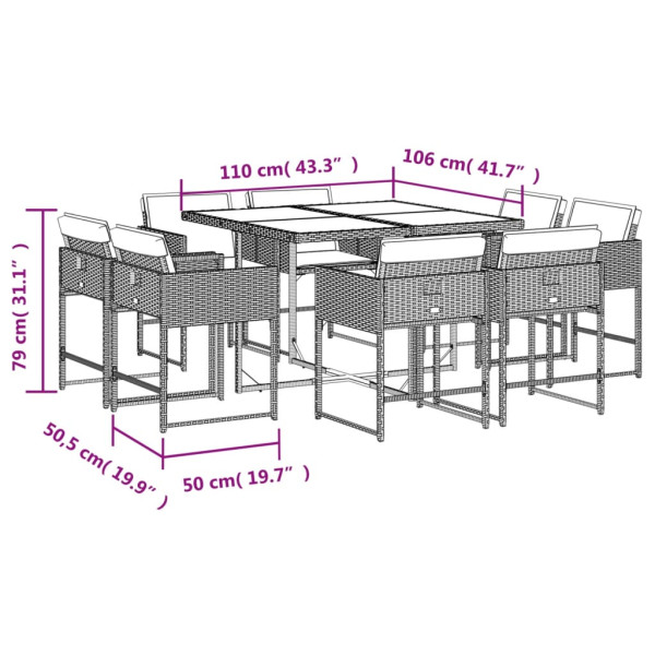 Set comedor jardín 9 pzas y cojines ratán sintético gris M 5
