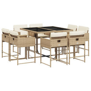 Set comedor de jardín 9 pzas con cojines ratán sintético beige H