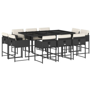 Set de comedor jardín 11 pzas con cojines ratán sintético negro H