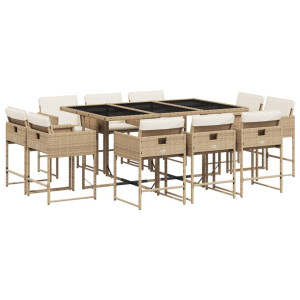Set comedor de jardín 11 pzas con cojines ratán sintético beige H