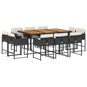 Set de comedor jardín 11 pzas con cojines ratán sintético negro H