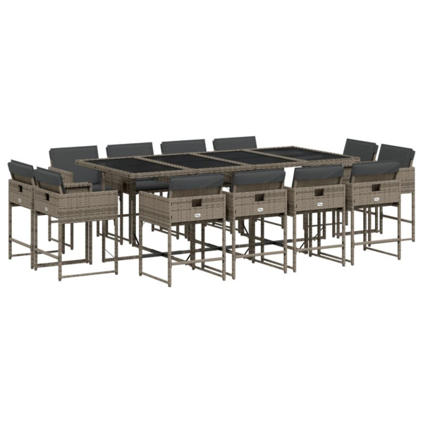 Set comedor de jardín con cojines 13 pzas ratán sintético gris M 2