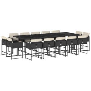 Set comedor de jardín con cojines 15 pzas ratán sintético negro H