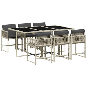 Set comedor jardín 7 pzas y cojines ratán sintético gris claro H