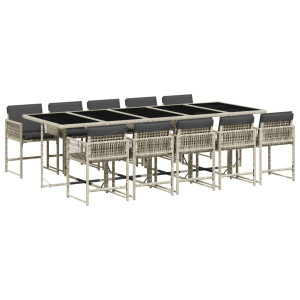 Set de comedor de jardín 11 pzas y cojines ratán sintético gris H