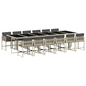 Set comedor jardín y cojines 13 pzas ratán sintético gris claro H