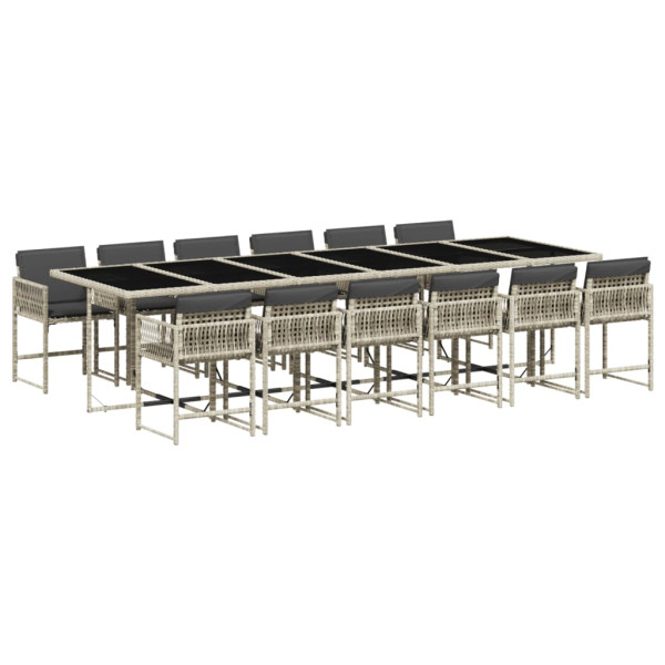 Set comedor jardín y cojines 13 pzas ratán sintético gris claro M 2