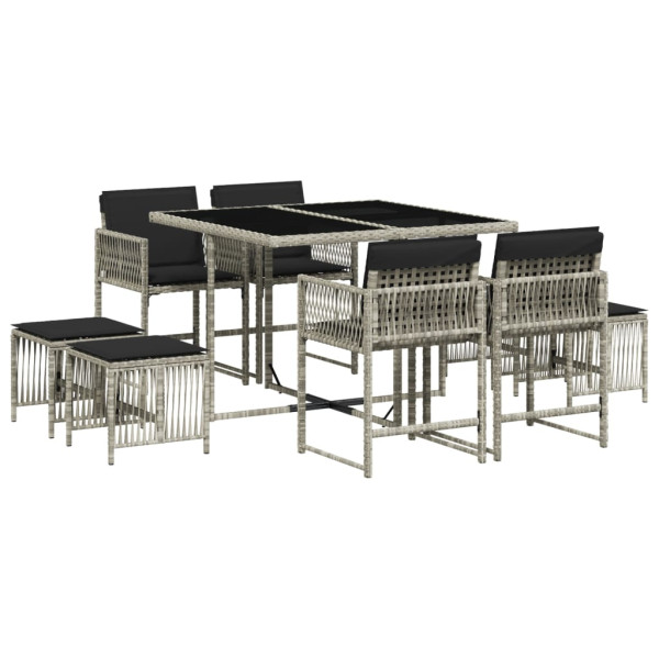 Set comedor de jardín 9 pzas cojines ratán sintético gris claro M 2