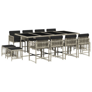 Set comedor jardín y cojines 13 pzas ratán sintético gris claro H